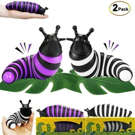 Flexible Fidget Slug Stim Toy, 2 Pack Articulated Sensory Slug Fidget Toys for Autistic Children and Adults, Anxiety Relief Toys for Kids Birthday Gifts, 7.5 Inches, Black-White & Black-Purple