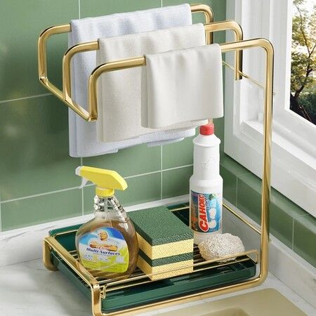 Luxury style light drain cloth kitchen storage rack, gold wall brackets shelf metal organizer double layer support