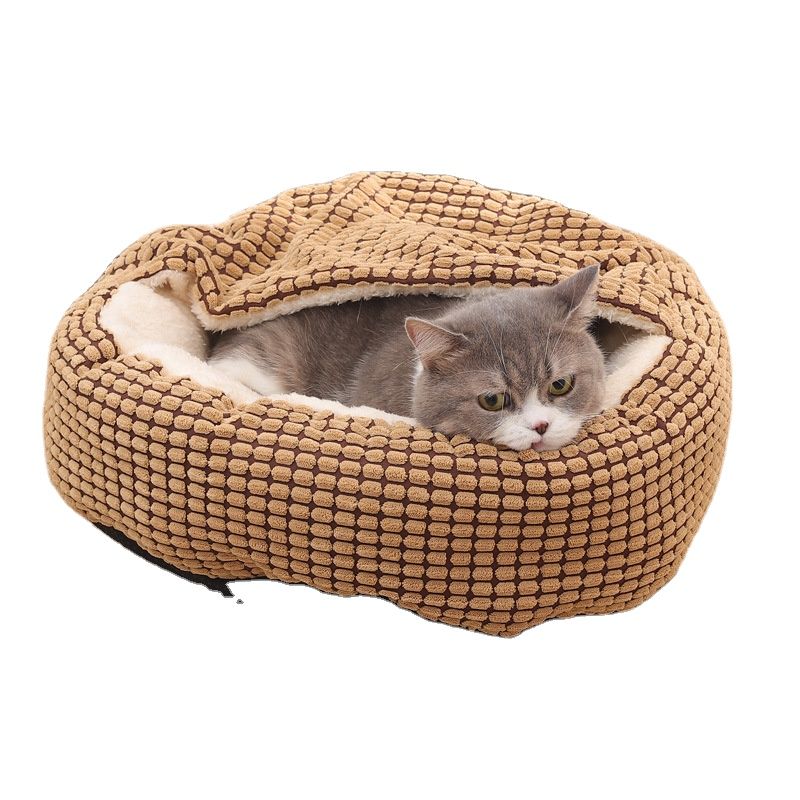 Dog Bed Cat Bed with Hooded Blanket Orthopedic Puppy Pet Bed Dog Burrow Cat Cave - Anti-Slip Bottom 23.6 Inch Brown
