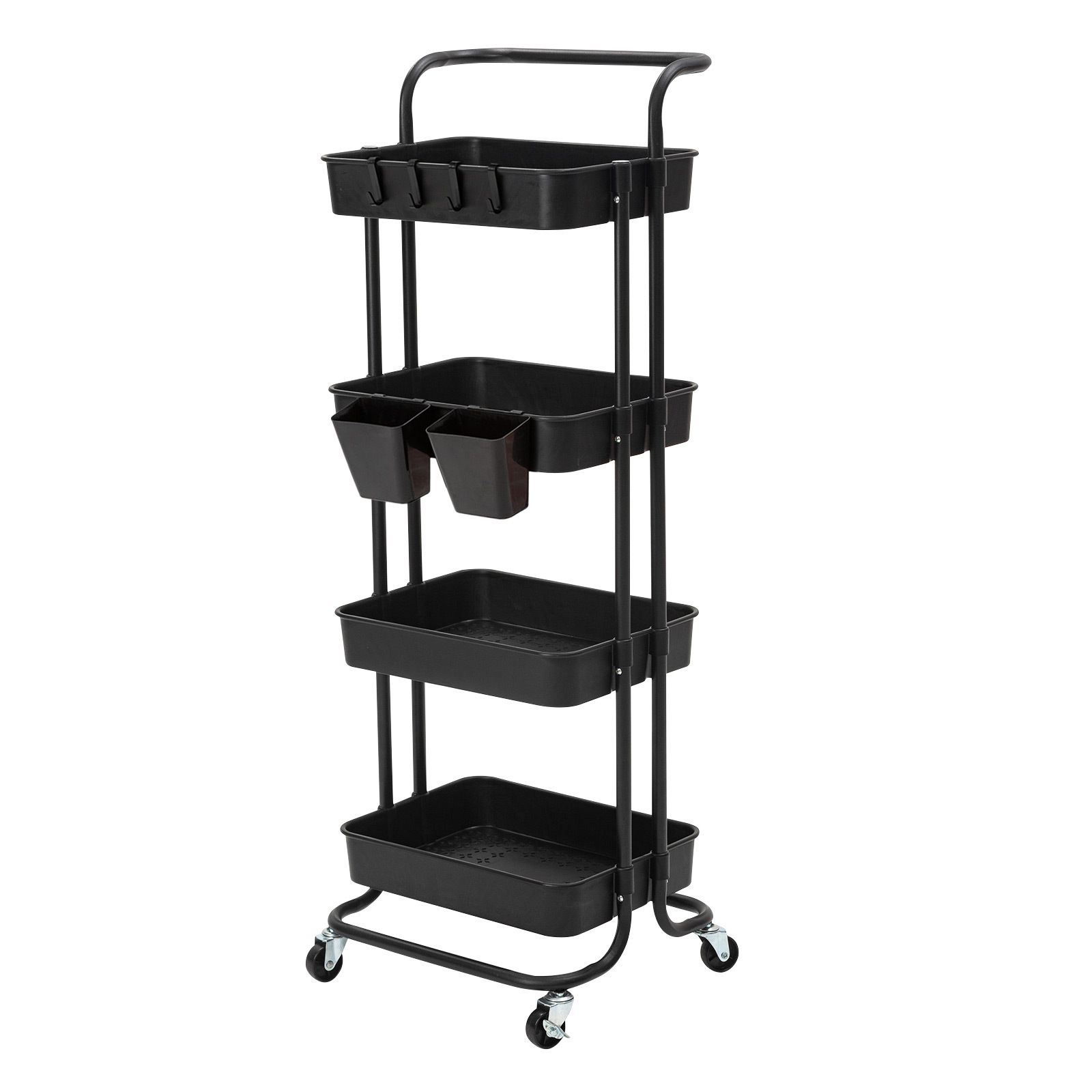 Trolley Cart Storage Utility Rack Shelf Organiser Swivel Kitchen 4 Tier BLACK