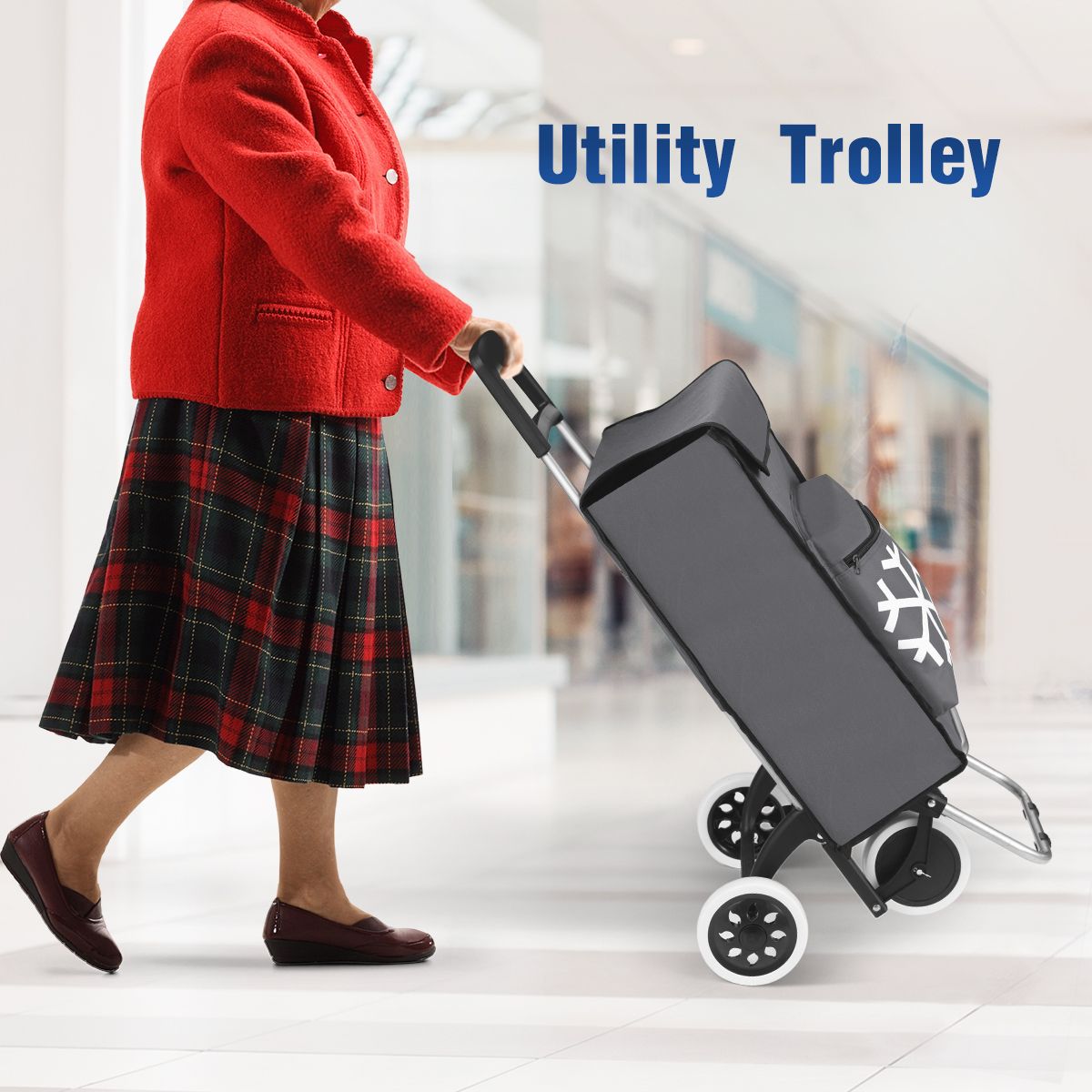 Shopping Trolley Cart Portable Grocery Bag Foldable Market Luggage Basket 4 Stair Climbing Wheels Aluminium Gray