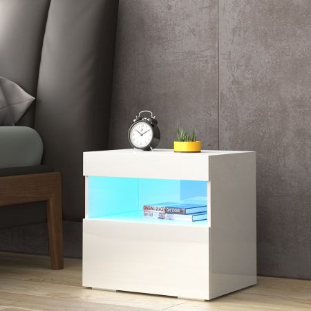 Beside Table LED Lighted Bedroom Nightstand Storage Cabinet High Gloss Front White