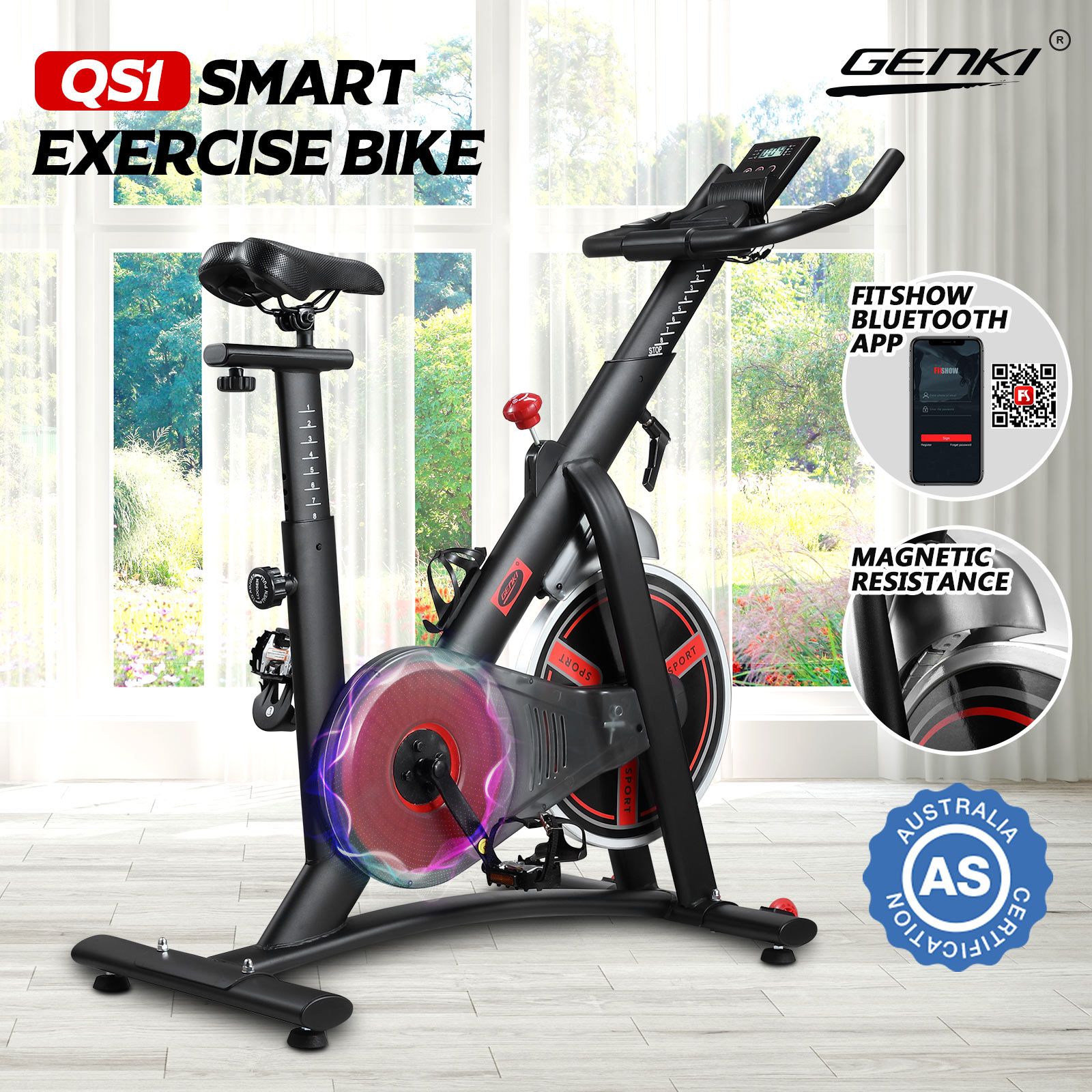 Genki Exercise Spin Magnetic Bike Indoor Stationary Bicycle Belt Drive Fitness Machine Resistance Bluetooth App FitShow