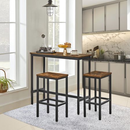 3 PCS Bar Table Set 2 Chairs Stools Kitchen Dining Height Counter Modern Wooden Top Metal Frame