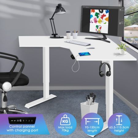 Standing Corner Desk L Shaped White Sit Stand Computer Table Electric Motorised Height Adjustable Ergonomic Home Office