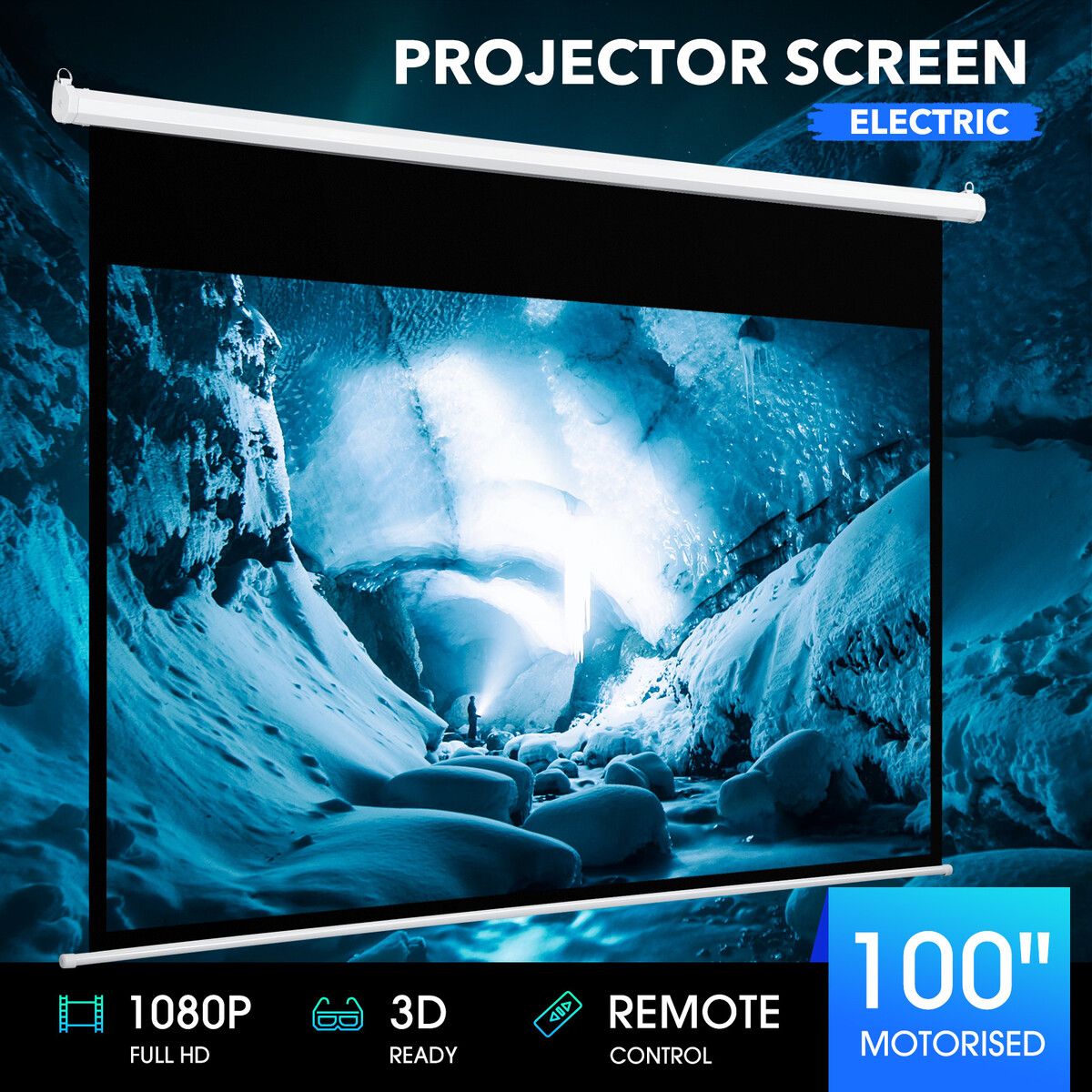 Projector Movie Screen 100 Inch Electric Motorized Portable Large Home Theatre HD 3D