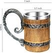 500ML Vintage Faux Oak Wood Beer Mug, Medieval Retro Viking Stainless Steel Coffee Cup Stein Tankard