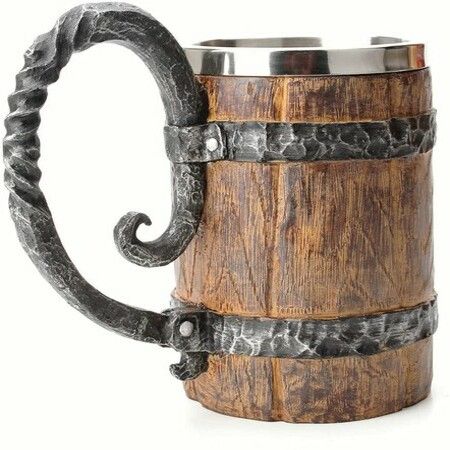 500ML Vintage Faux Oak Wood Beer Mug, Medieval Retro Viking Stainless Steel Coffee Cup Stein Tankard