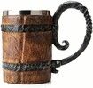 500ML Vintage Faux Oak Wood Beer Mug, Medieval Retro Viking Stainless Steel Coffee Cup Stein Tankard