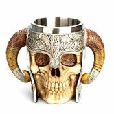 Viking Skull Mug, Valhalla Warrior Tankard Stainless Steel Double Handle 600ml Mug for Men Women