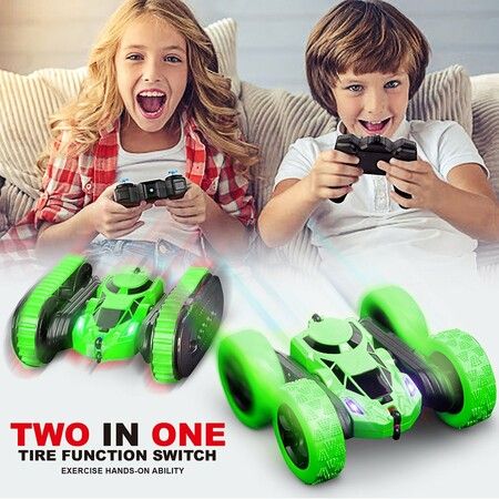 2022 Newest 2.4Ghz 4CH 1:16 RC Stunt Double Side Deformation Crawler Car With LED Light Color Green