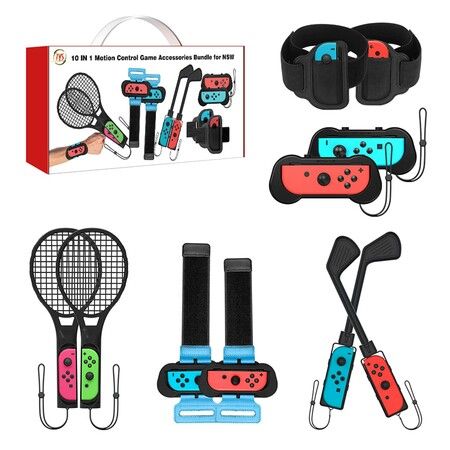 2022 Switch Sports Accessories Bundle - 10 in 1 Family Accessories Kit for Nintendo Switch & OLED Games: Joycon Grip for Mario Golf Super Rush, Wrist Dance Bands & Leg Strap, Comfort Grip Case And Tennis Rackets