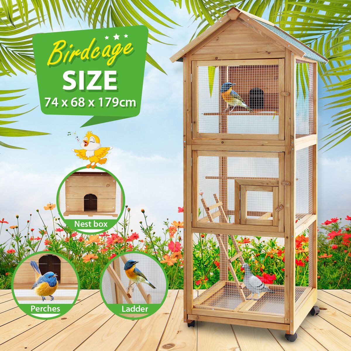 Petscene Pet Bird Cage Large Aviary Cockatiel House Budgie Parrot Pigeon Outdoor Indoor with Wheels