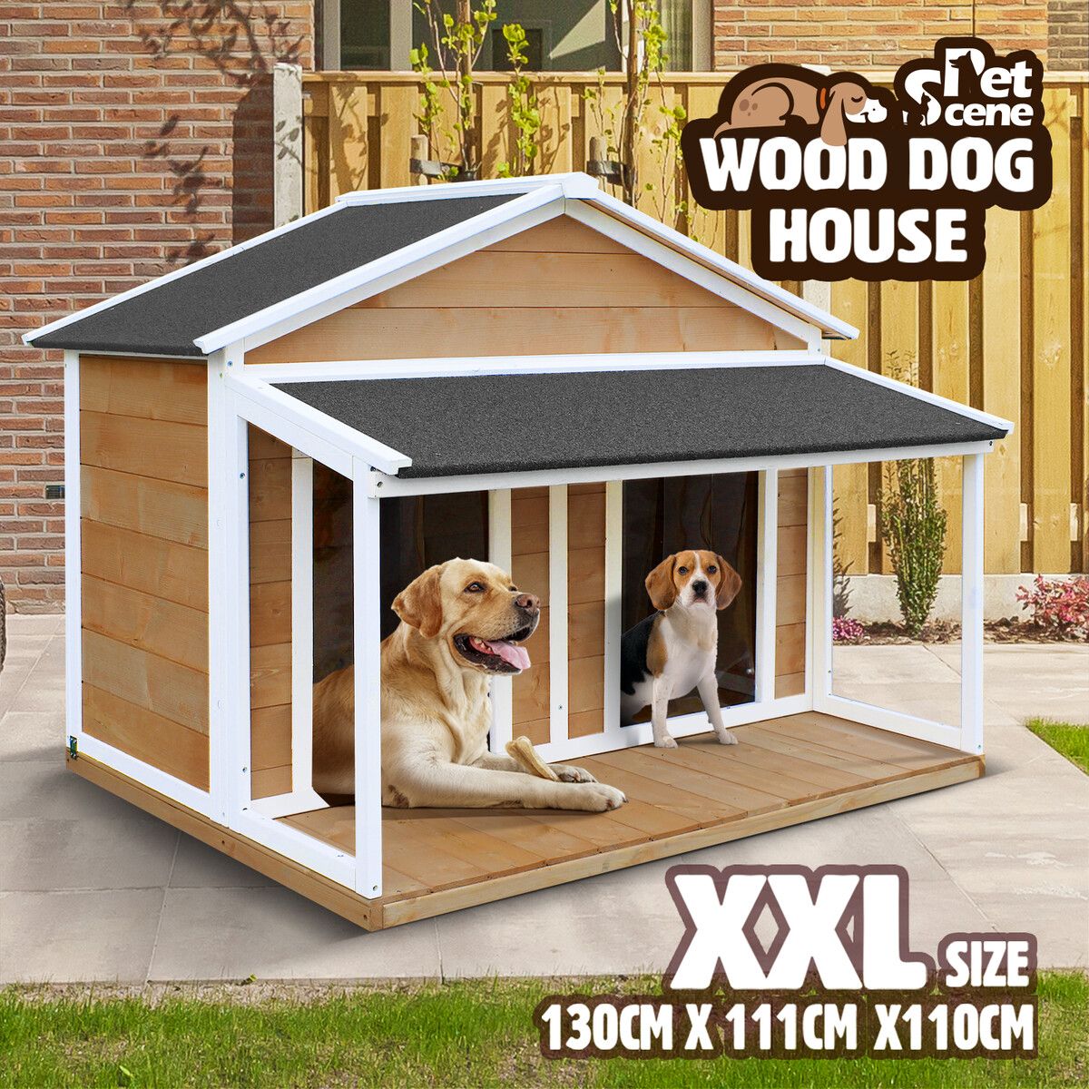 Petscene XXL Wooden Dog Kennel Pet House Puppy Home Shelter Indoor Outdoor Double Doors