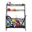 All-in-one Ball Storage Rack Sports Equipment Garage Organizer Basketball Holder Cart with Wheels Hooks Metal