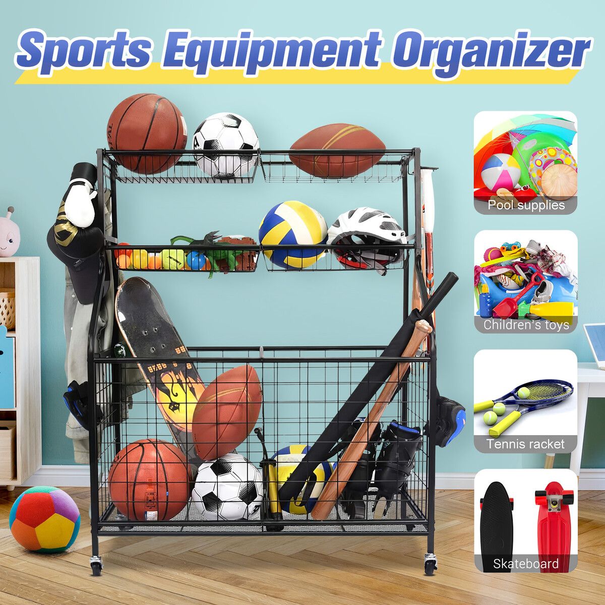 All-in-one Ball Storage Rack Sports Equipment Garage Organizer Basketball Holder Cart with Wheels Hooks Metal