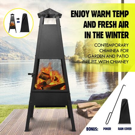 Fire Pit BBQ Grill Chiminea Patio Heater Outdoor with Chimney Portable Fireplace Camping Smoker Brazier Raincover 100cm