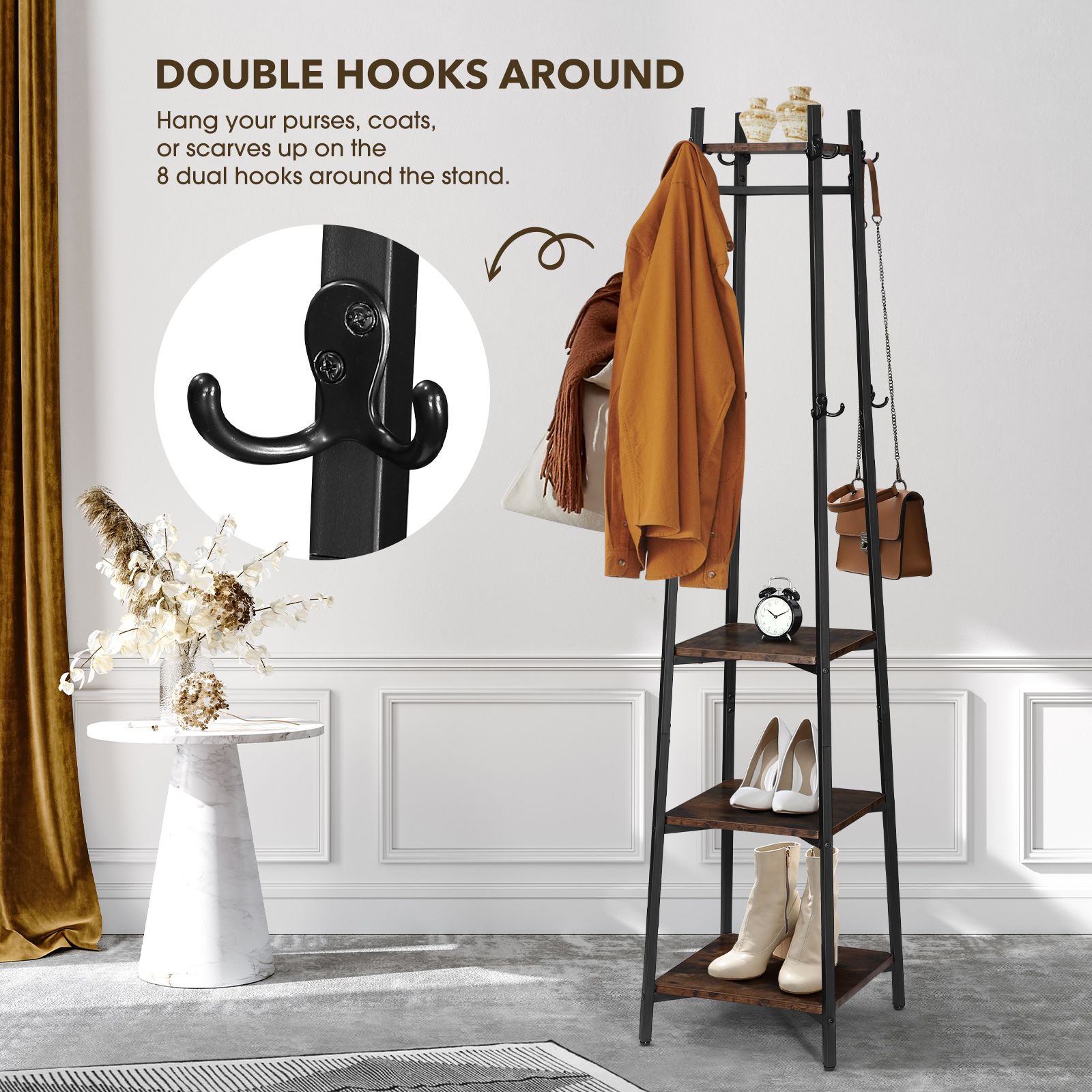 Freestanding Coat Rack Stand Clothes Garment Closet Organizer Hooks Hanger Display Shelf