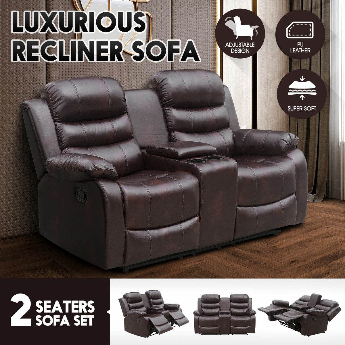 Living Room Luxsuite Recliner Chair Brown Sofa PU Leather Lounge Couch Two Seaters with Adjustable Headrest and Footrest