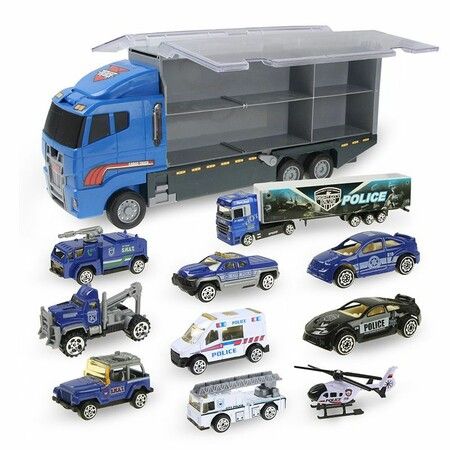 10 in 1 Police Transport Truck, Mini Die-Cast Plastic Play Vehicle in Carrier Car Toy Set
