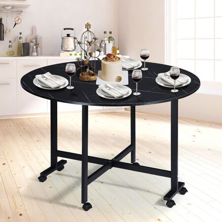 Foldable Dining Table Drop Leaf Marble Wood Desk Wheels for Kitchen Living Room Black