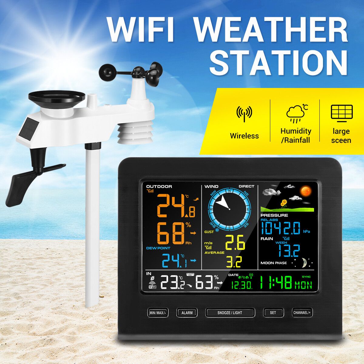 Solar Weather Station WiFi Wireless Home Forecaster Rain Gauge Clock Temperature Humidity