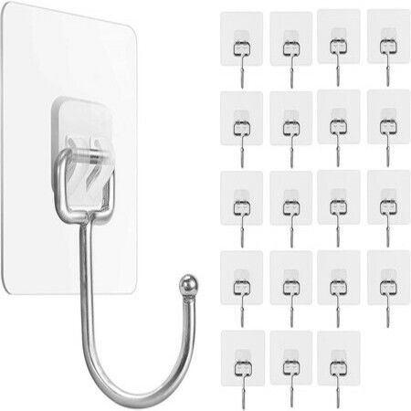 Large Adhesive Hooks 44Ib(Max), Waterproof and Oilproof Wall Hooks for Hanging Heavy Duty, Transparent Reusable Seamless Hooks, for Kitchen Bathroom, 20Pcs