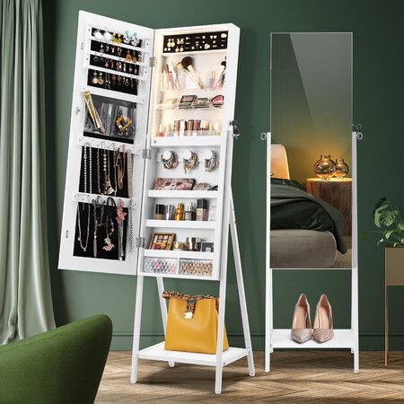 Jewellery Organiser Storage Cabinet Mirror Makeup Cosmetic Wooden Jewelry Organizer Armoire with LED