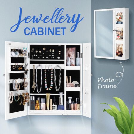 Wall Jewellery Organiser Storage Cabinet Mirror Hanging Makeup Jewelry Armoire Wood