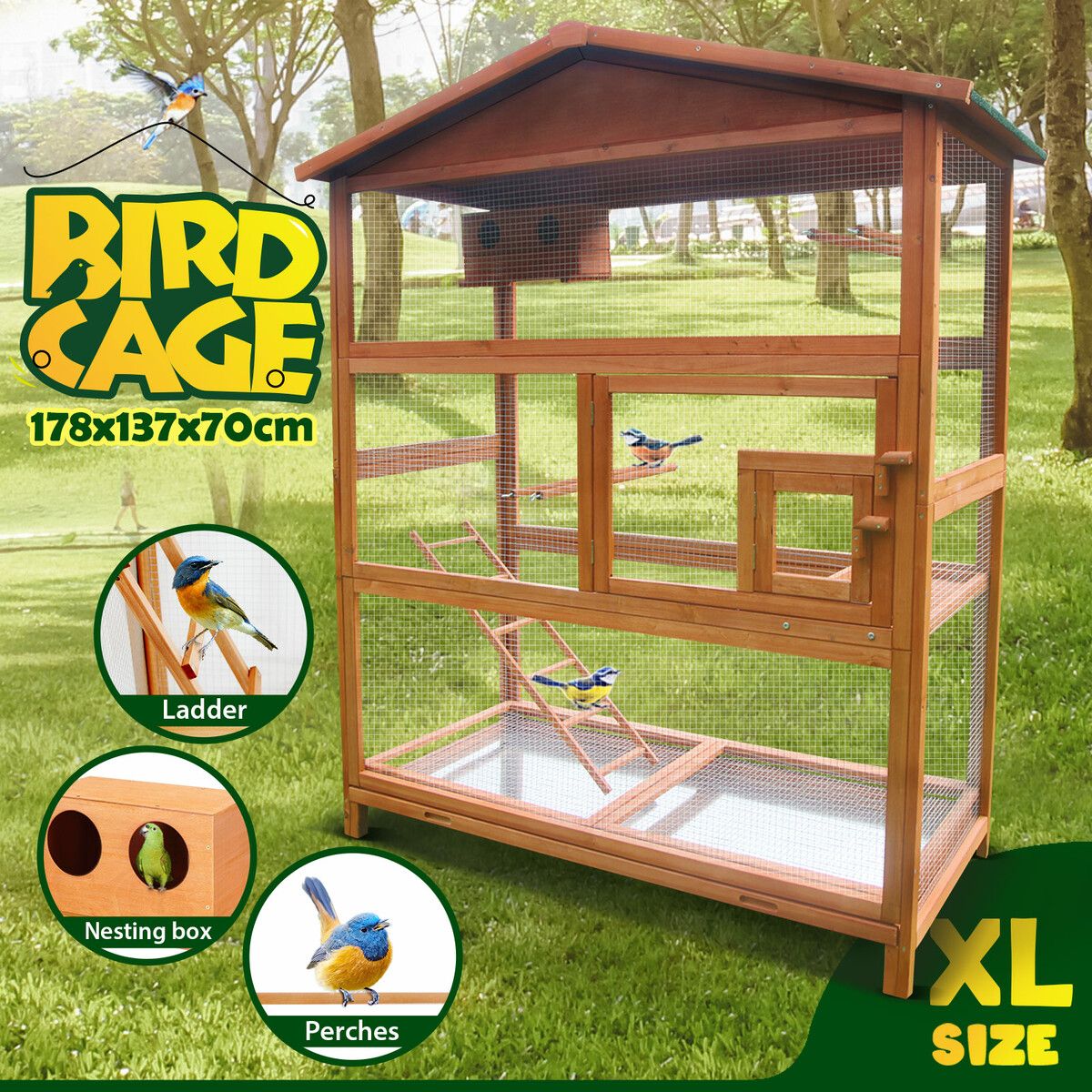 Petscene L Size Bird Cage Wooden Aviary Budgie Parrot House Canary Pigeon Coop Nesting Box Ladder