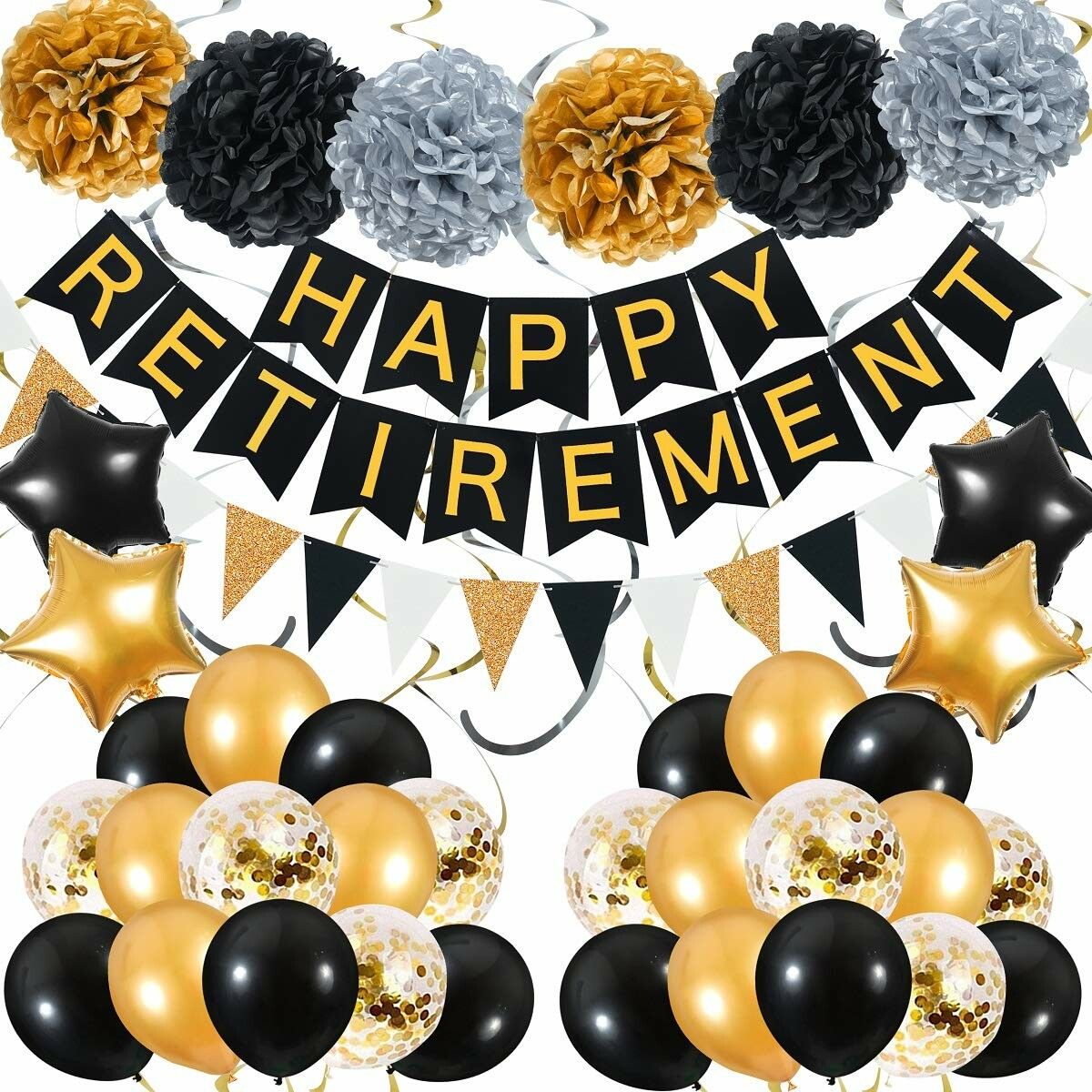 Retirement Party Decoration, 54pcs Black Gold Retirement Banner Paper Garland Paper Pompoms Foil Balloon Hanging Swirls for Men Women Retirement Party Decorations