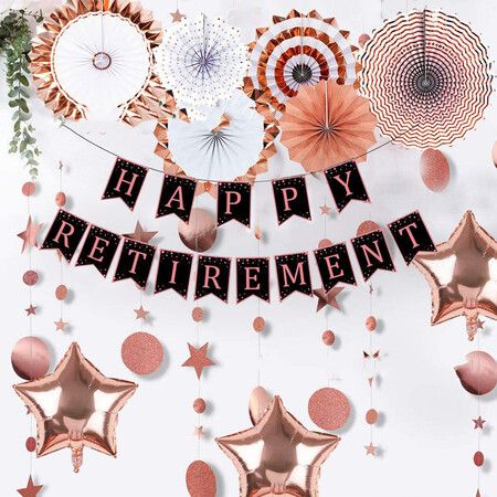Retirement Party Decorations for Women Black Rose Gold Happy Retirement Banner and Swirls with Rose Gold Confetti Balloons Kit