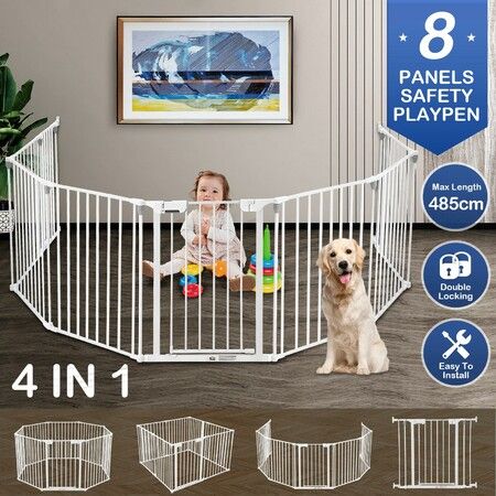 Pet Playpen Safety Fence Fire Guard Barrier Kid Activity Centre Play Yard Dog Enclosure w/ Door 8 Panels 4 in 1 XL