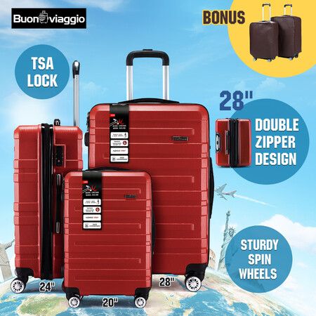 3 Piece Luggage Set Travel Suitcases Hard Carry On Trolley Lightweight with TSA Lock and 2 Covers Red