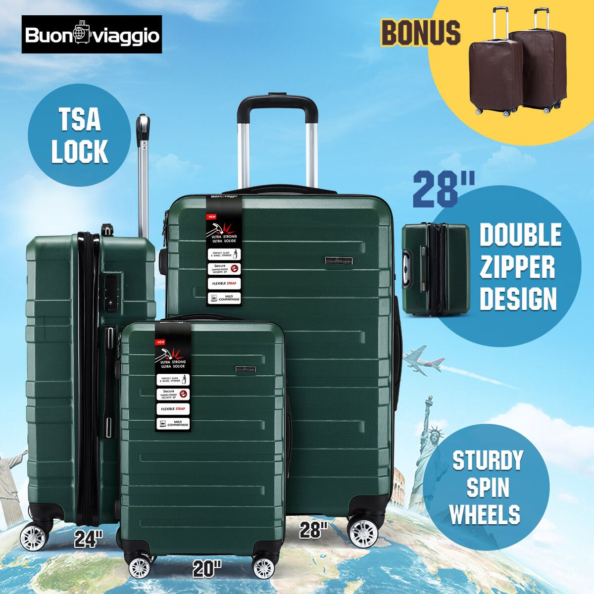 3 Piece Luggage Set Hard Carry On Travel Suitcases Trolley Lightweight with TSA Lock and 2 Covers Green
