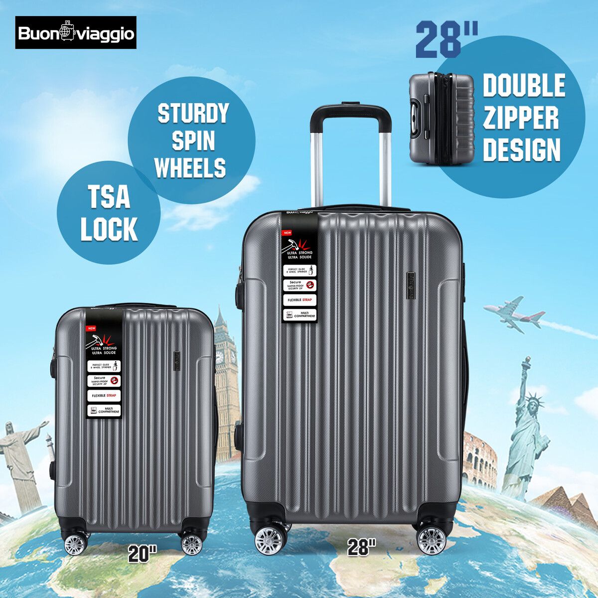 2 PCS Luggage Set Travel Hard Suitcases Carry On Lightweight Rolling Trolley TSA Lock Dark Grey