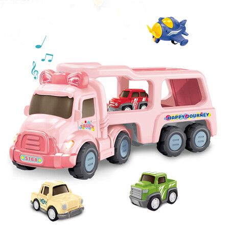4 In 1 Truck Transport Car Storage Car Set Aircraft Engineering Vehicle Airplane Car Toys for Kids Color Pink
