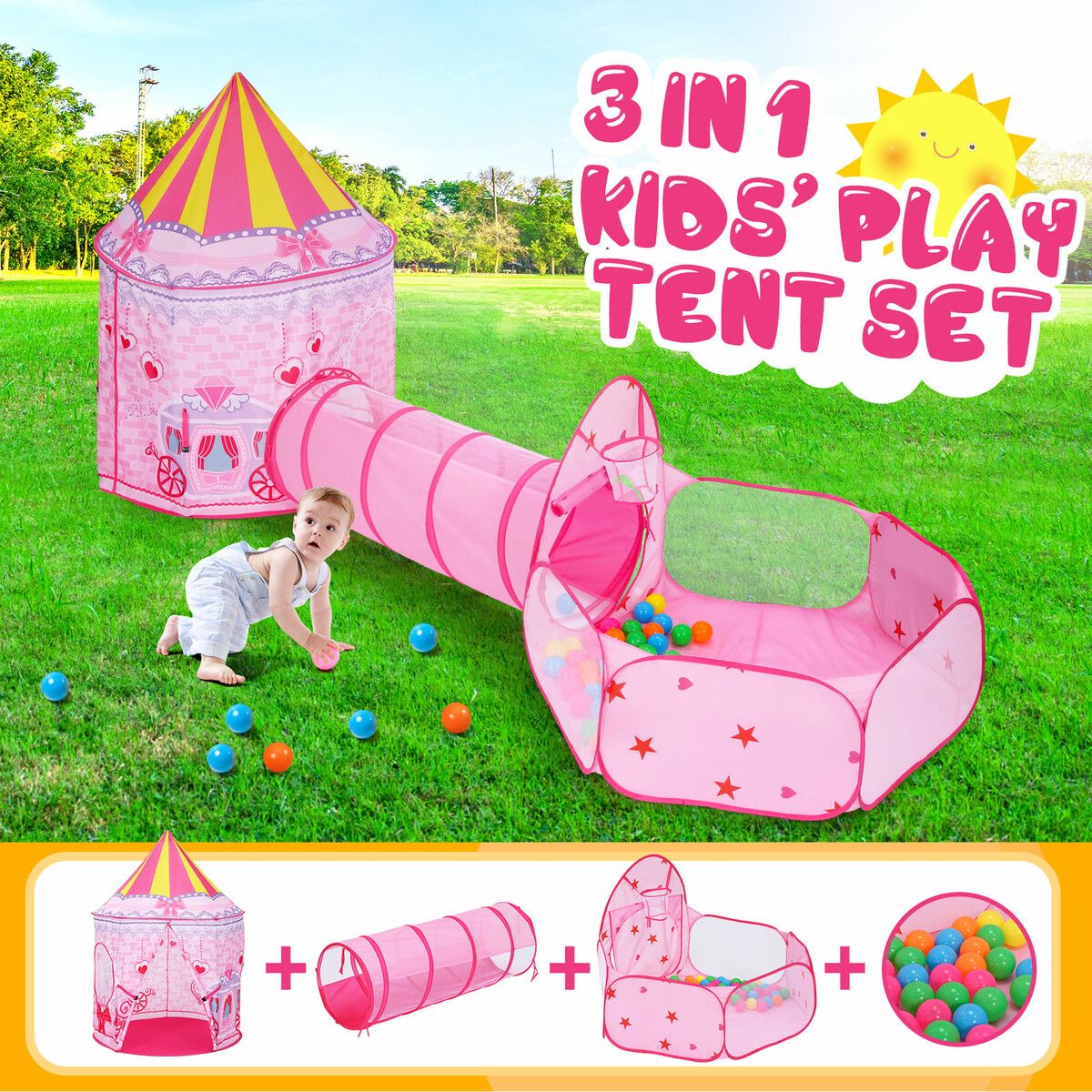 Kids Teepee Pop Up Tent 3 In 1 Playhouse Ball Pit Crawl Tunnel Basketball Hoop Playground Activity Centre Princess Castle