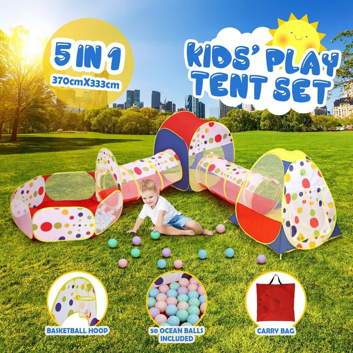 Kids Teepee Pop Up Tent 5 In 1 Playhouse Basketball Hoop Ball Pit Crawl Tunnel Playground