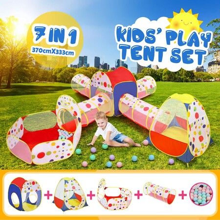 Kids Teepee 7 In 1 Pop Up Tent Playhouse Ball Pit Crawl Tunnel Basketball Hoop Playground Activity Centre Outdoor Indoor