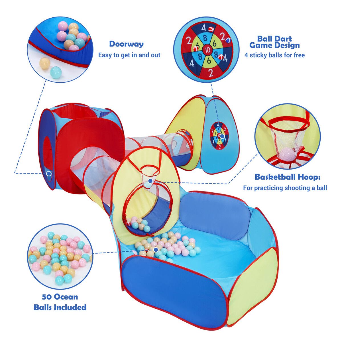 Kids Teepee Tent Pop Up 5 In 1 Playhouse Crawl Tunnel Ball Pit