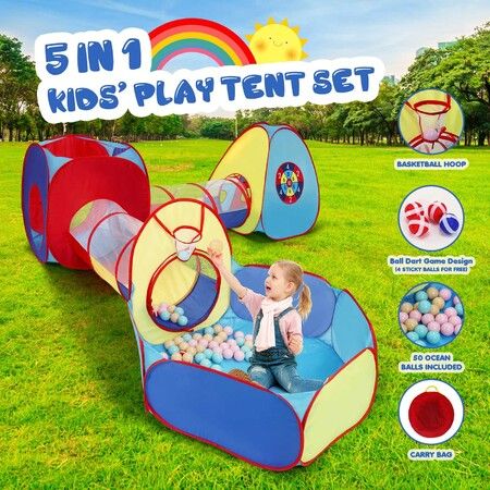 Kids Teepee Tent Pop Up 5 In 1 Playhouse Crawl Tunnel Ball Pit Basketball Hoop Indoor Outdoor Playground Activity Centre