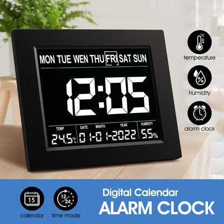 Digital Alarm LED Calendar Clock Large Dementia Bedside Wall Table Desk 4 Brightness Levels 8 Languages Black 8 Inch