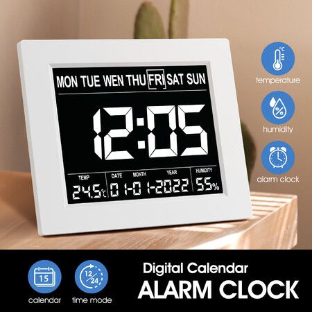 Digital Calendar Clock LED Dementia Bedside Alarm 8 Inch Large Wall Table Desk 8 Languages 4 Dimming Levels White