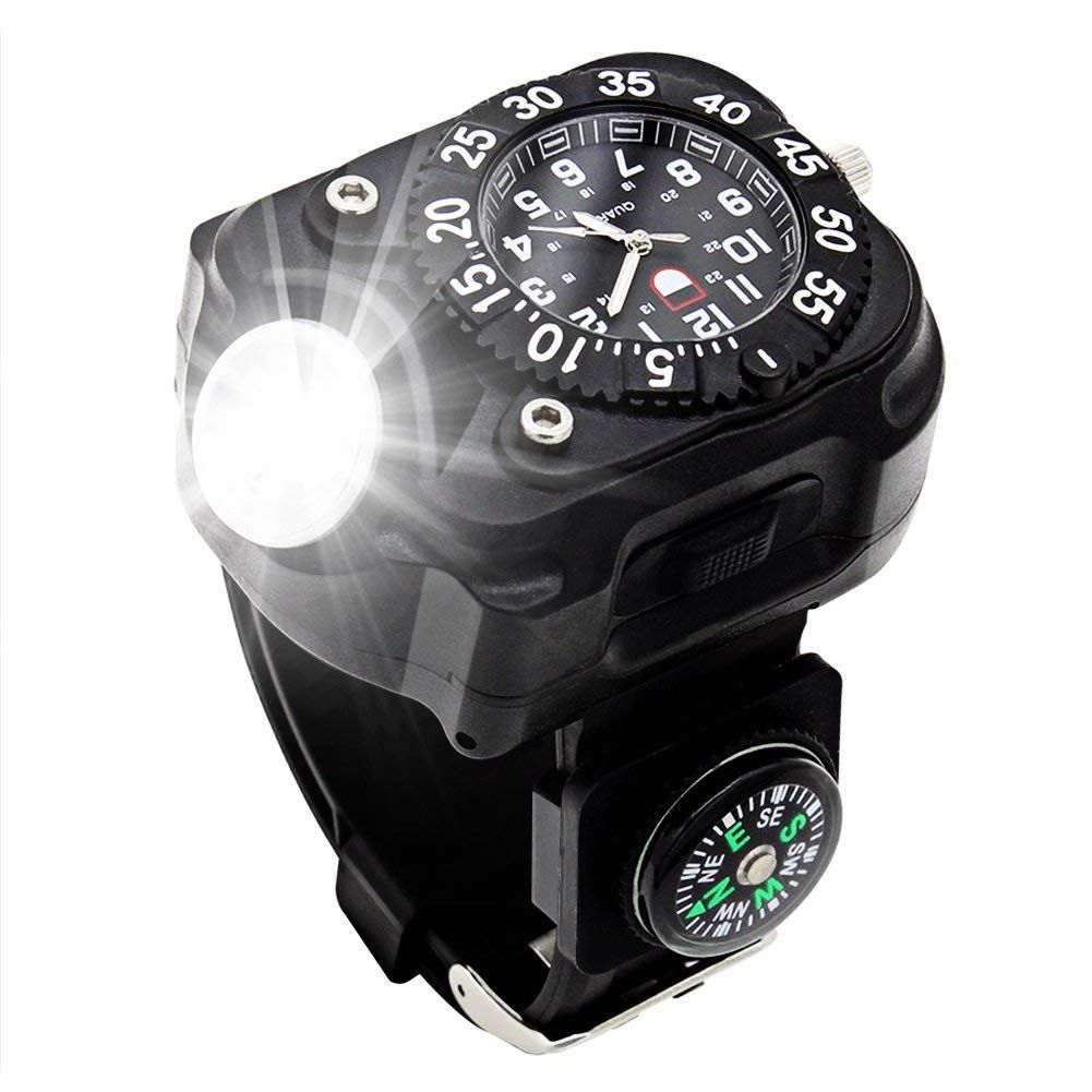 3-in-1 Outdoor Sports Rechargeable Bright LED Flashlight Compass Wrist Watch Wristband Sports Mens Watches