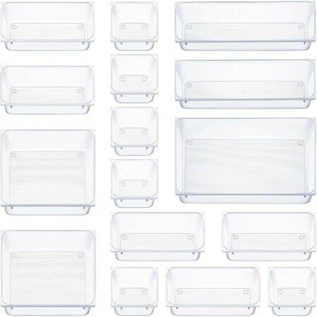 16 PCS Clear Plastic Drawer Organizers Set, Vtopmart 4-Size Versatile Bathroom and Vanity Drawer Organizer Trays, Storage Bins for Makeup, Jewelries, Kitchen Utensils and Office