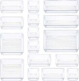 16 PCS Clear Plastic Drawer Organizers Set, Vtopmart 4-Size Versatile Bathroom and Vanity Drawer Organizer Trays, Storage Bins for Makeup, Jewelries, Kitchen Utensils and Office