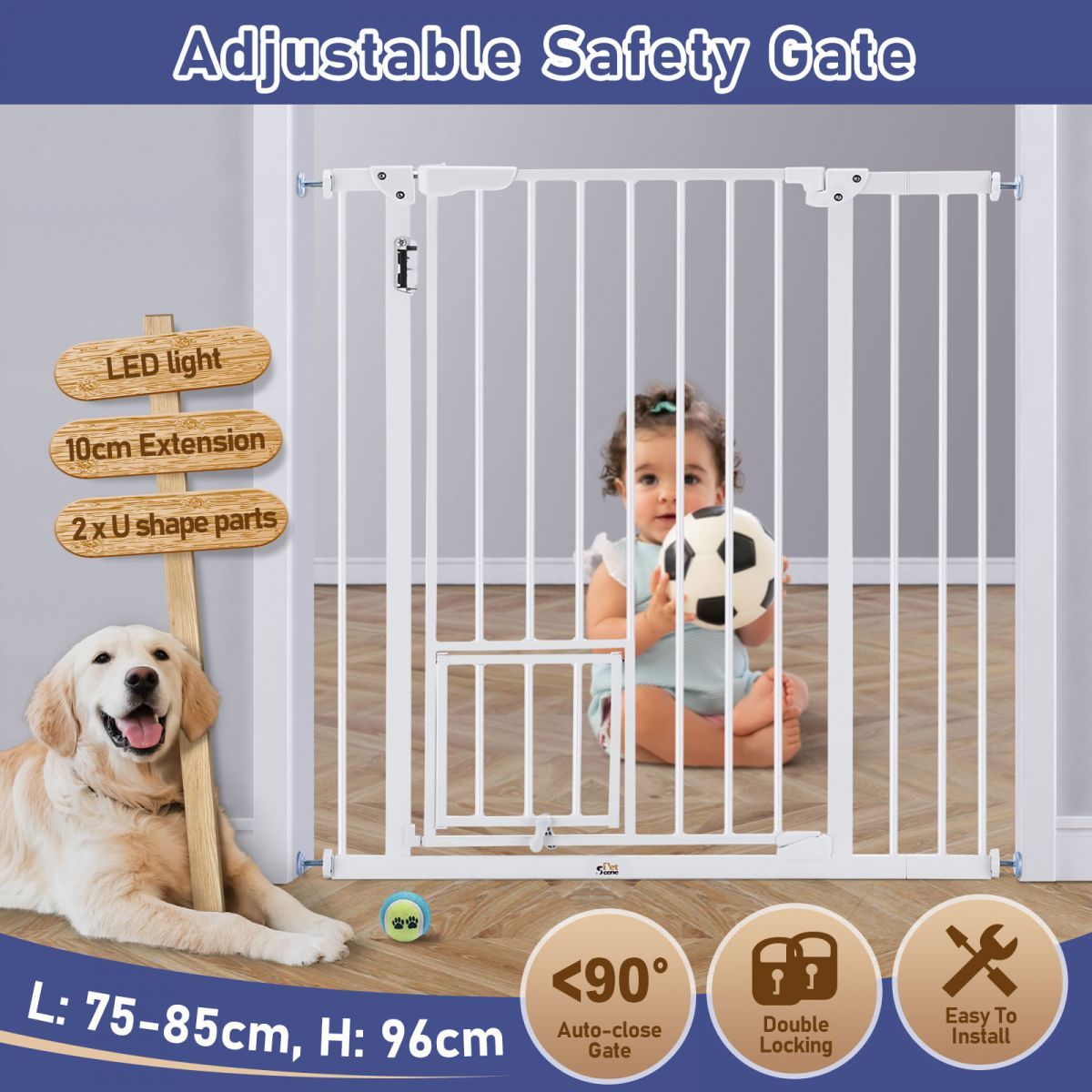 Adjustable Safety Gate Pet Dog Security Barrier Kid Safe Stair Fence Guard w/ Extension Walk Through Door 96cm White