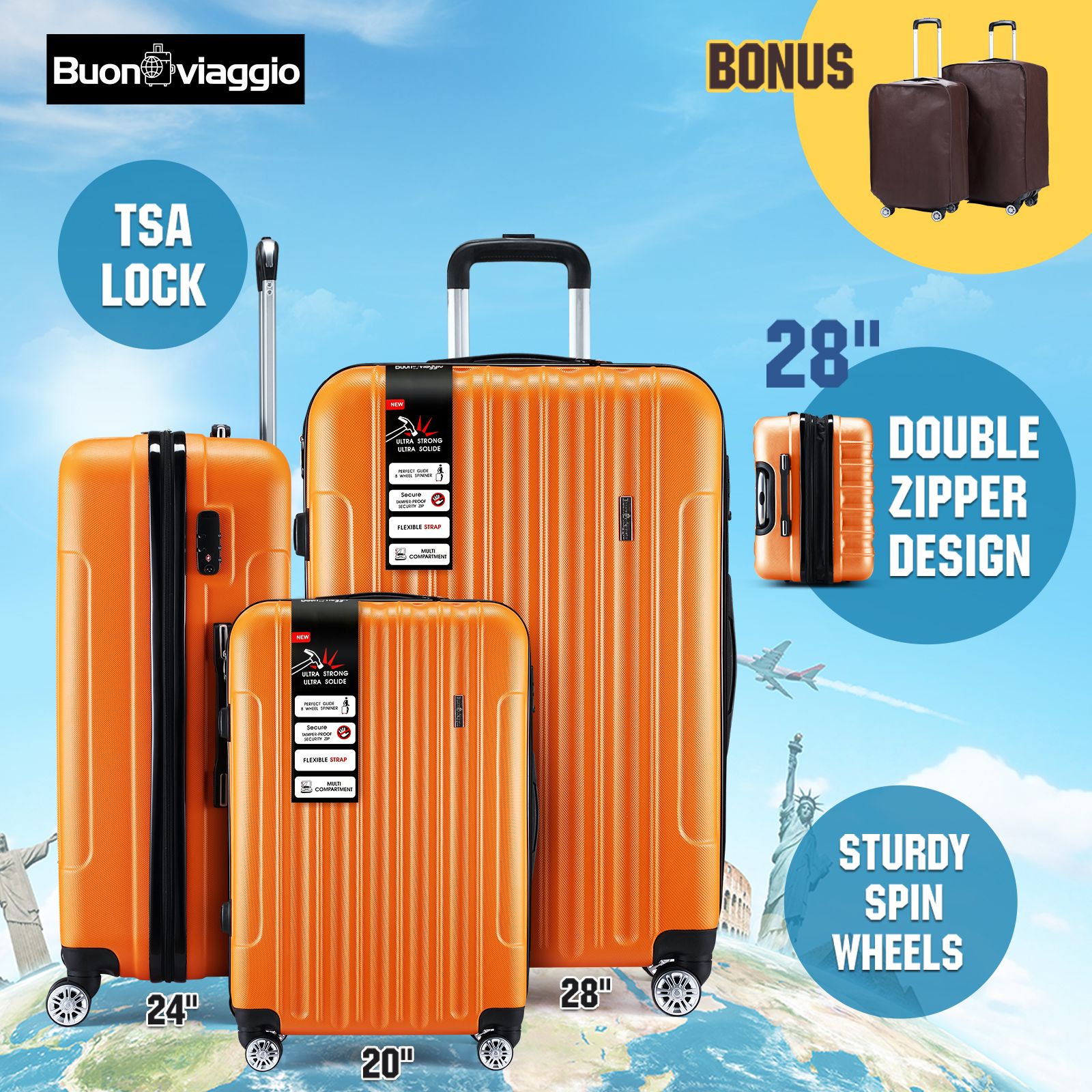 3PCS Luggage Suitcase Set Hard Carry On Travel Trolley Lightweight with TSA Lock and 2 Covers Orange