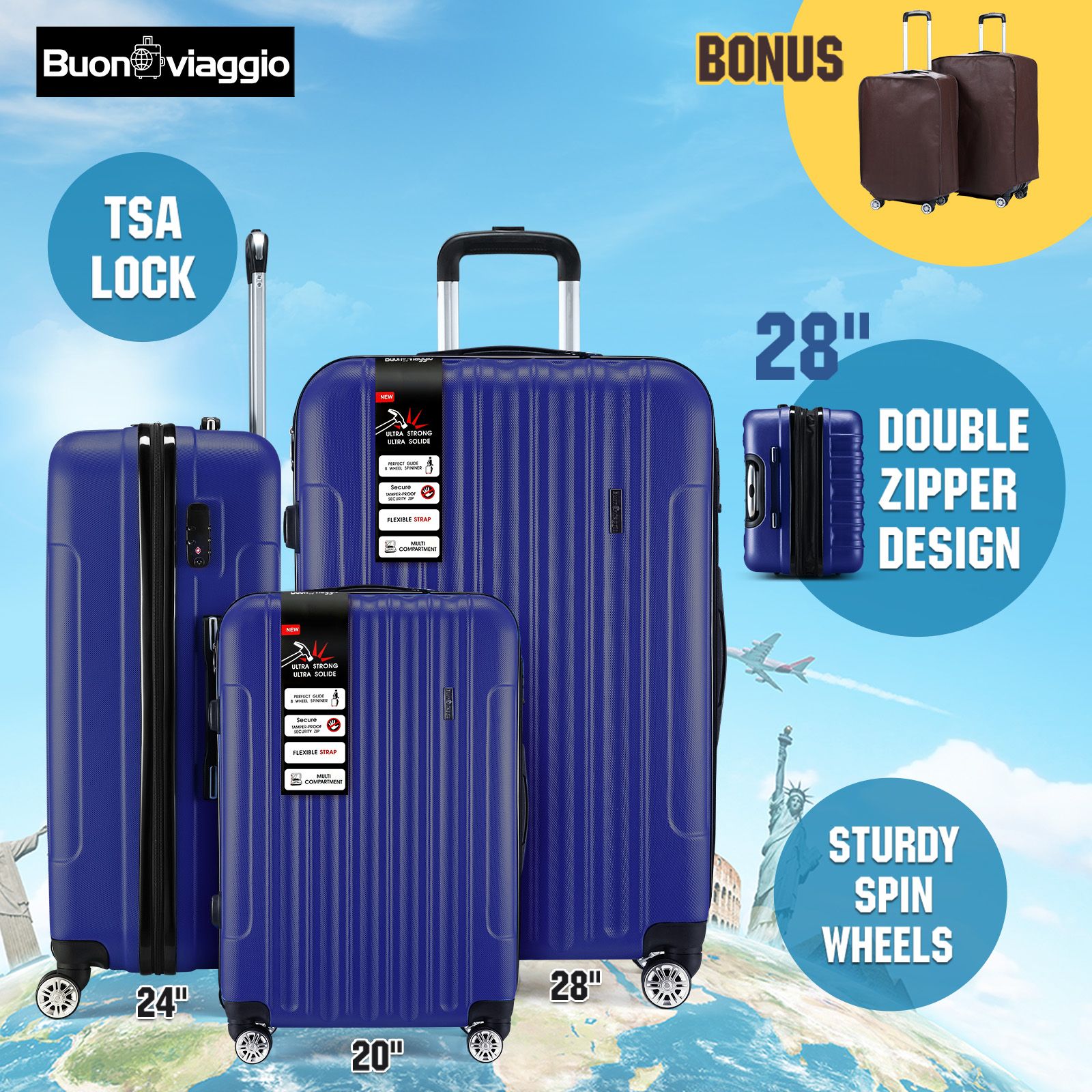 3PCS Luggage Set Hard Travel Suitcases Carry On Lightweight Trolley with TSA Lock 2 Covers Royal Blue